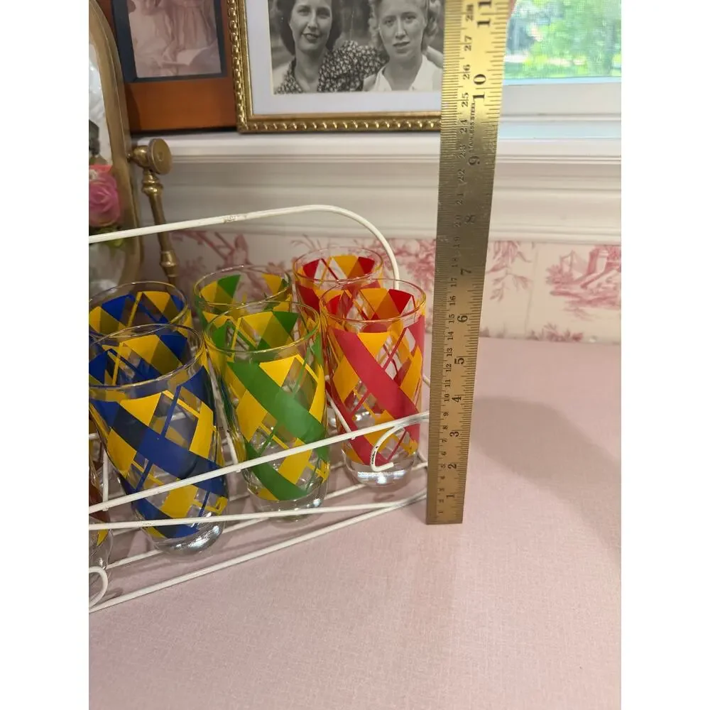 Vintage set of 8 midcentury glasses‎ cups multicolor argyle w/ wire holder caddy